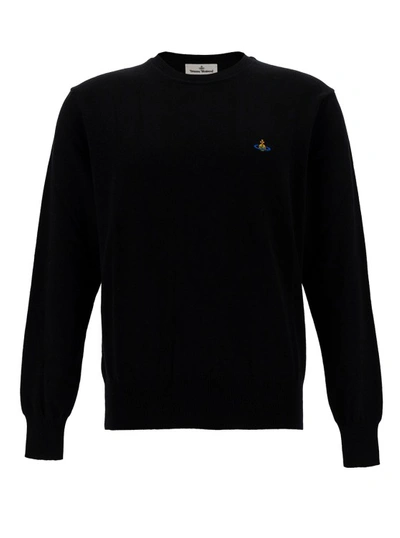 VIVIENNE WESTWOOD BLACK CREWNECK SWEATER WITH ORB EMBROIDERY IN COTTON AND CASHMERE