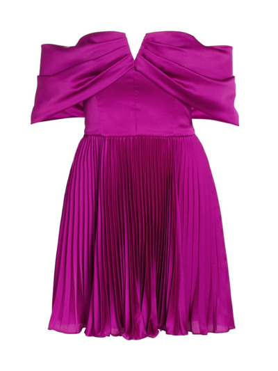 Amur Tilly Off-shoulder Pleated Charmeuse Mini Dress In Purple