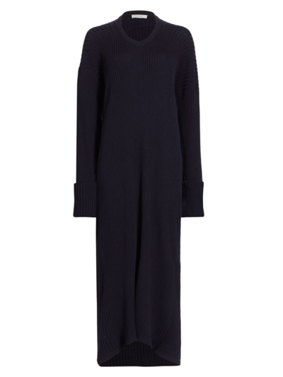 The Row Elodie V-neck Long Sleeve Cotton Rib Sweater Dress In Royal Blue