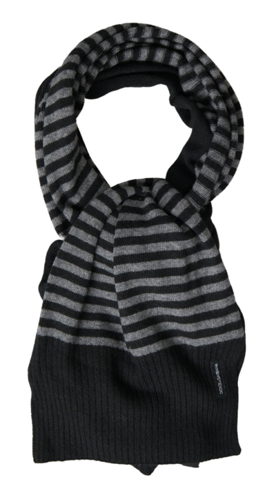 Dolce & Gabbana Black Gray Stripe Wool Neck Wrap Shawl Scarf