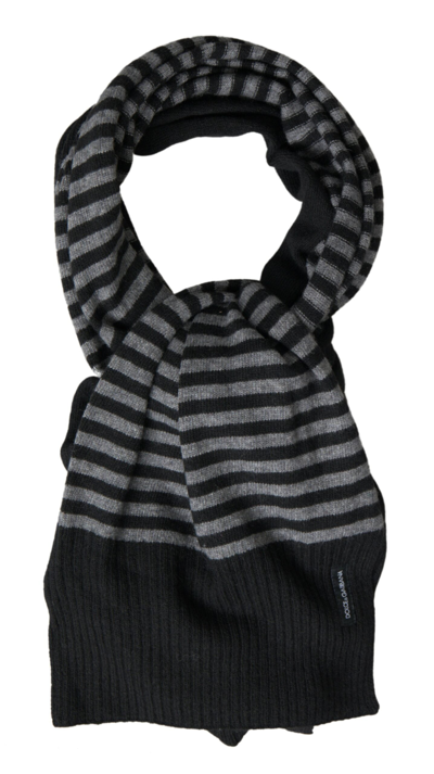 Dolce & Gabbana Black Grey Stripe Wool Neck Wrap Shawl Scarf