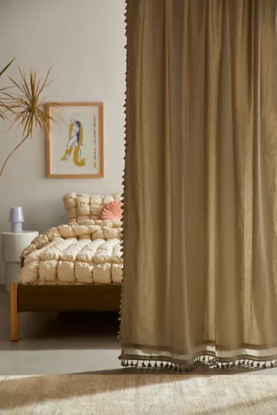 Urban Outfitters Palma Fringe Light Blocking Window Curtain In Green Smoke At