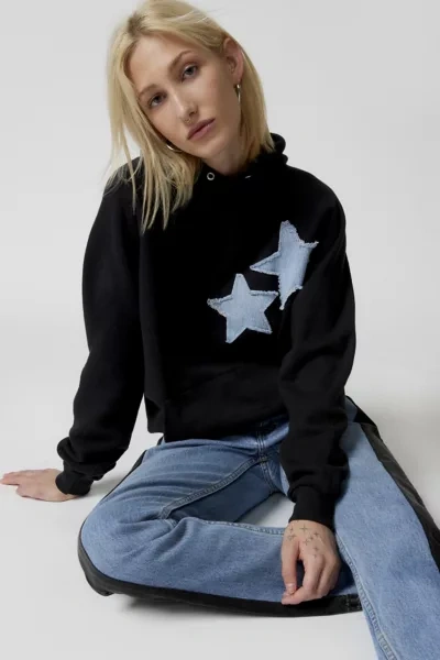 Urban Renewal Remade Star Patch Hoodie Sweatshirt In Black, Women's At Urban Outfitters