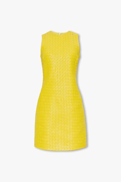 Bottega Veneta Leather Intrecciato Weave Mini Dress In Yellow