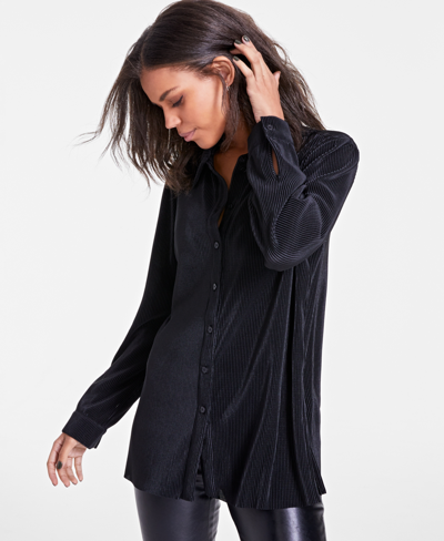 Bar Iii Petite Plisse-knit Button-up Shirt, Created For Macy's In Deep Black