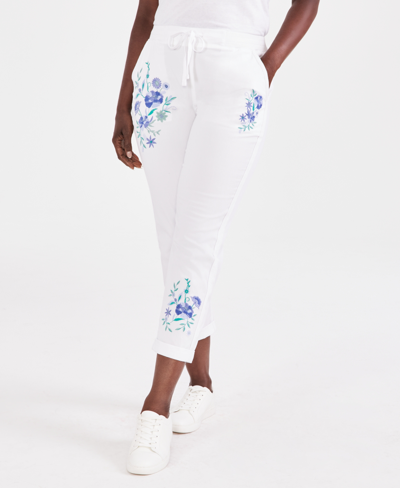 Style & Co Women's Floral Embroidered Twill Pants, Created For Macy's In Bright White