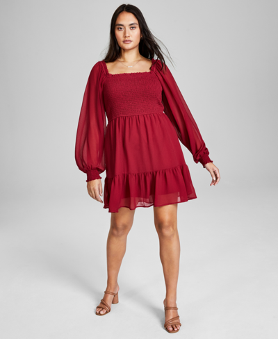 And Now This Women's Smocked Balloon-sleeve Mini Dress, Created For Macy's In Clay Red