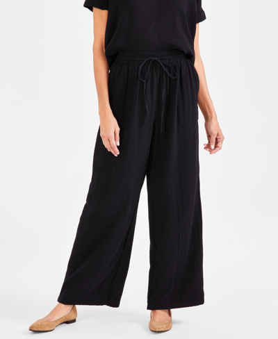 Style & Co Petite Gauze Wide-leg Pull-on Pants, Created For Macy's In Deep Black