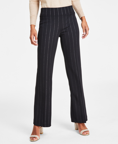 Anne Klein Petite High-rise Pull-on Chalk-stripe Trousers In Anne Black,silver