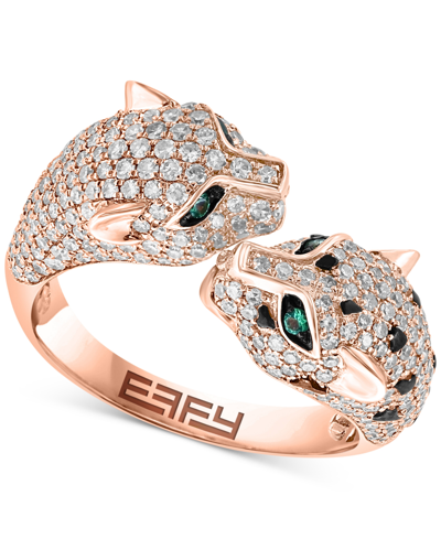 Effy Collection Effy Diamond (1-1/20 Ct. T.w.) & Emerald (1/20 Ct. T.w.) Double Panther Head Ring In 14k Rose Gold