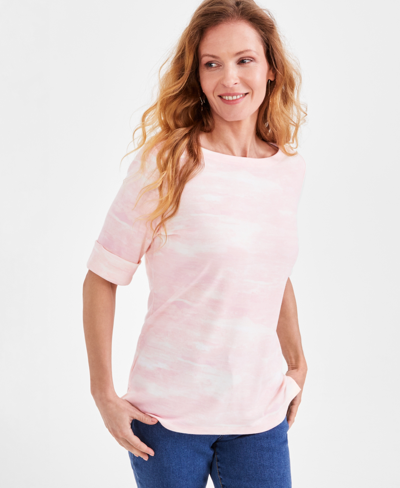 Style & Co Women's Printed Boat-neck Elbow-sleeve Top, Created For Macy's In Winter Pink Icing