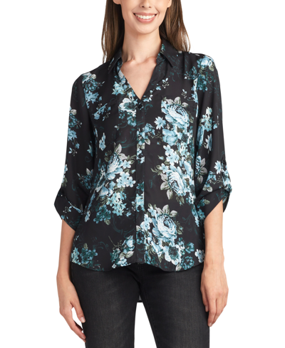 Bcx Juniors' Printed Collared Button-down 3/4-sleeve Top In Pat A