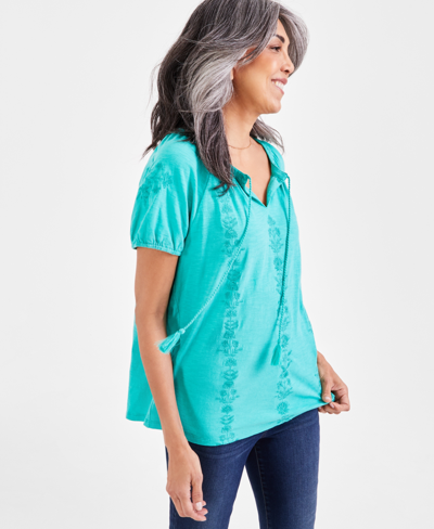 Style & Co Women's Cotton Embroidered Peasant Top, Created For Macy's In Winter Garden