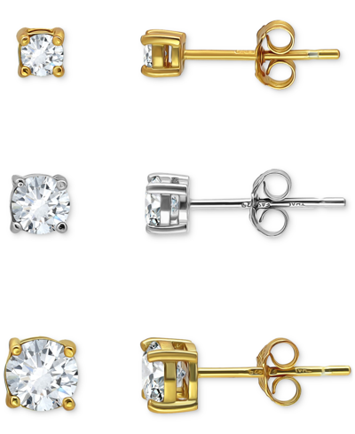 Giani Bernini 3-pc Set Cubic Zirconia Stud Earrings In Sterling Silver & 18k Gold-plate, Created For Macy's In Towtone