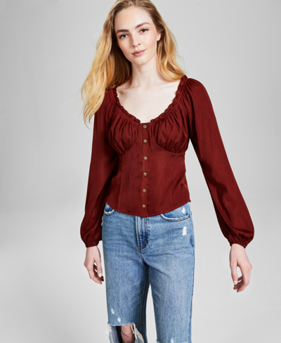 And Now This Women's Blouson-sleeve Button-front Top, Created For Macy's In Sonoma Brick