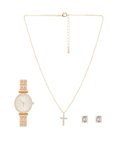 Jessica Carlyle Women's Analog Shiny Gold-tone Metal Bracelet Watch 34mm With Necklace Earring Set In Champagne,gold