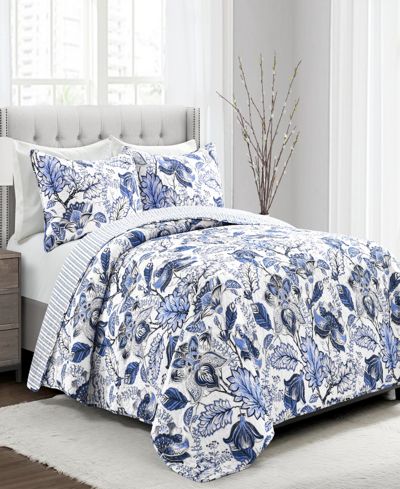 Lush Decor Cynthia Jacobean Reversible 3 Pc Quilt Set, King In Blue