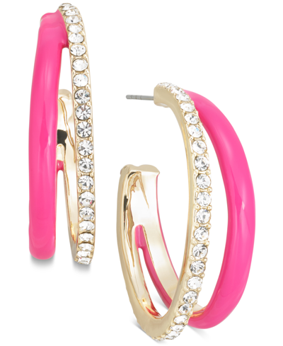 On 34th Gold-tone Medium Pave & Color Split C-hoop Earrings, 1.3", Created For Macy's In Pink