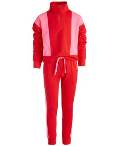 Id Ideology Kids' Big Girls Colorblocked Quarter Zip Long Sleeve Hoodie Colorblocked Sweatpants Created For Macys In Gumball Red