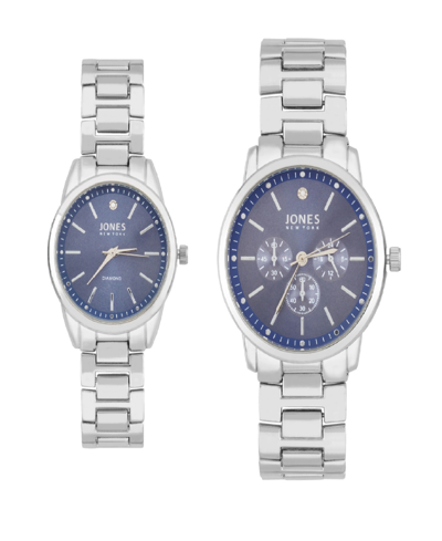 Jones New York Men And Women's Analog Shiny Silver-tone Metal Bracelet His Hers Watch 42mm, 32mm Gift Set In Light Blue,silver
