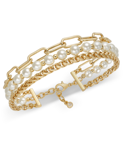 On 34th Gold-tone Mixed Link & Imitation Pearl Triple-row Flex Bracelet, Created For Macy's