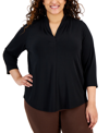 Jm Collection Plus Size Solid V-neck 3/4-sleeve Top, Exclusively At Macy's In Deep Black