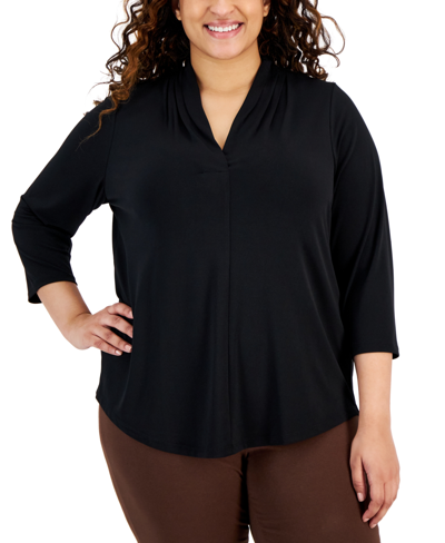 Jm Collection Plus Size Solid V-neck 3/4-sleeve Top, Created For Macy's In Deep Black