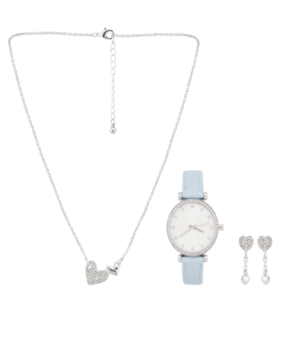 Jessica Carlyle Women's Analog Light Blue Polyurethane Leather Strap Watch 33mm With Necklace Earring Set In Silver,light Blue