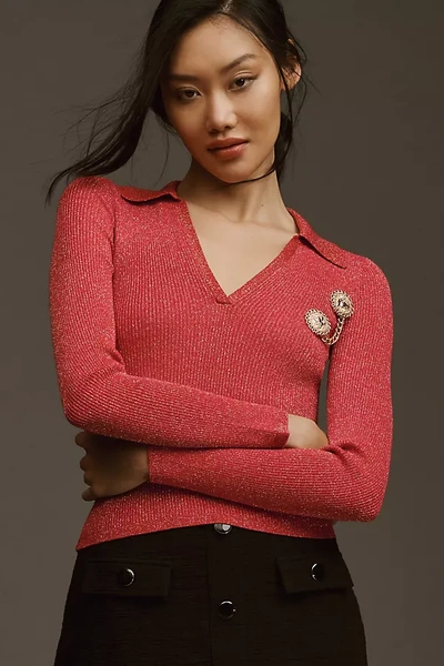 Maeve V-neck Lurex Polo Sweater In Pink