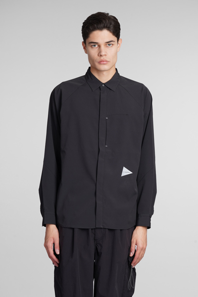 And Wander Logo-patch Spread-collar Shirt In Black