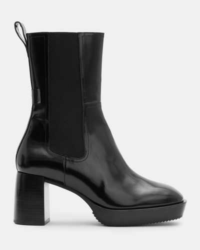 Allsaints Lottie Heeled Slip On Leather Boots In Black Shine