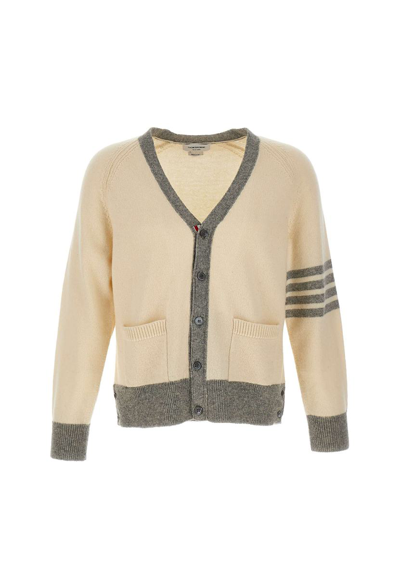 Thom Browne Jersey Stitch Raglan Sleeve Relaxed V Neck Cardigan In Shetland Wool With 4 Bar Stripe In White