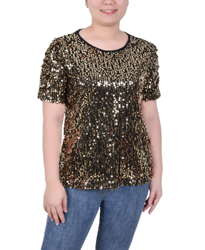 Ny Collection Women's Short Sleeve Sequined Top In Gold