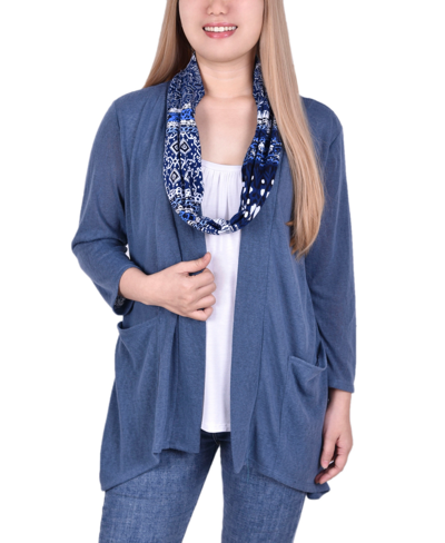 Ny Collection Petite 3-fer Cardigan With Tank And Scarf Top In Navy Fuselinetrio