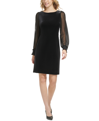 Karl Lagerfeld Women's Sheer-sleeve Velvet Sheath Dress In Black