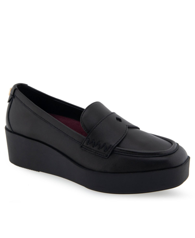 Aerosoles Cetara Tailored-loafer-wedge In Black Leather