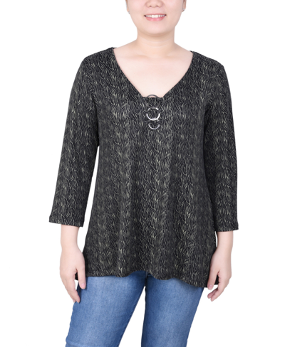 Ny Collection Petite 3/4 Sleeve 3-ring Top In Oil Green Black Zebra