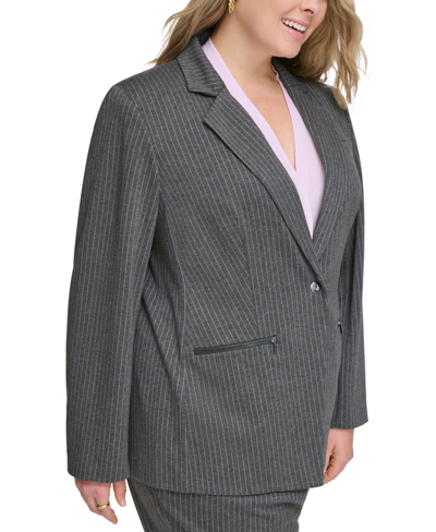 Calvin Klein Plus Size One-button Pinstriped Blazer In Charcoal,cream