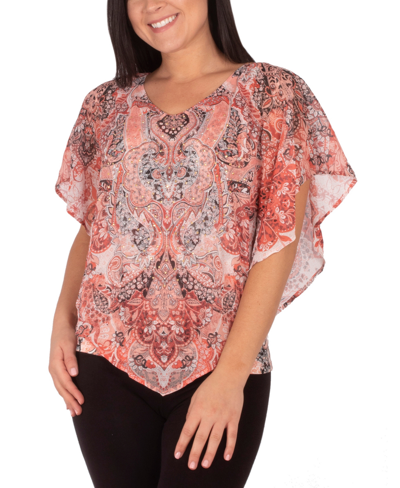 Ny Collection Petite V-neck Printed Poncho Top With Nailheads In Coral Paisleyarc