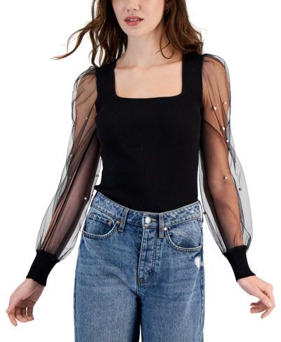 Crave Fame Juniors' Sheer-sleeve Imitation-pearl Square-neck Sweater In Black