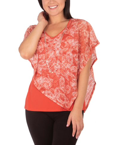 NY COLLECTION PETITE ASYMMETRICAL PONCHO TOP WITH NECKLACE