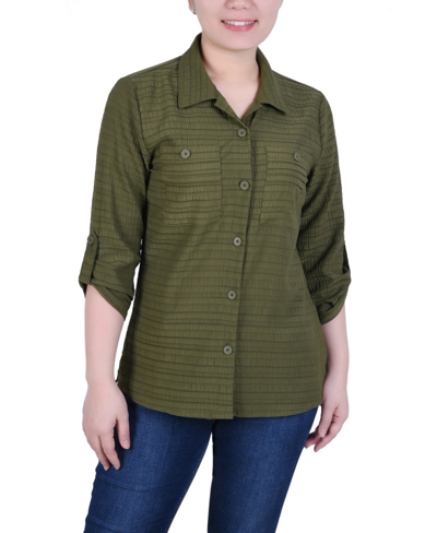 Ny Collection Petite Roll Tab Sleeve Jacquard Top In Olive