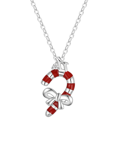 Macy's Cubic Zirconia And Red Enamel Candycane Pendant Necklace In Silver