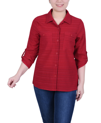 Ny Collection Petite Roll Tab Sleeve Jacquard Top In Red
