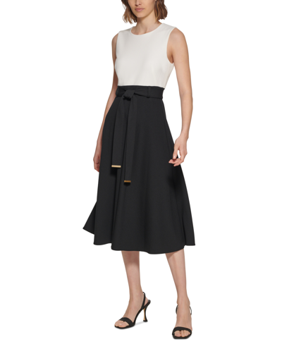 Calvin Klein Women's Sleeveless Color-blocked Midi Dress In White Black