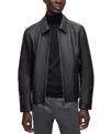 Hugo Boss Leather Jacket With Two-way Zip In Black