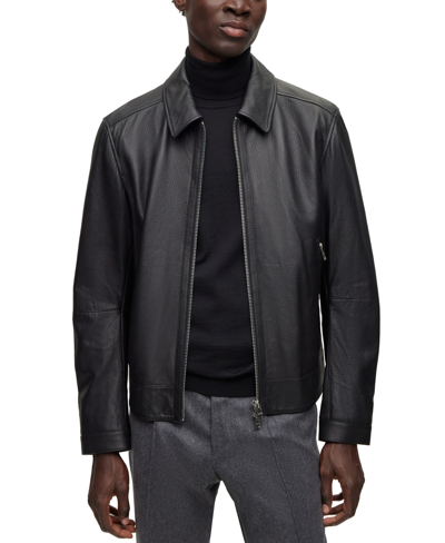 Hugo Boss Leather Jacket With Two-way Zip In Black