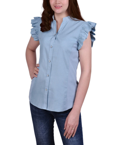 Ny Collection Petite Ruffle Flange Chambray Blouse In Light Wash