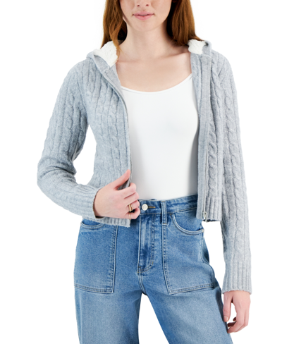 Crave Fame Juniors' Mossy Hooded Zippered Sweater In Lt Grey Heather