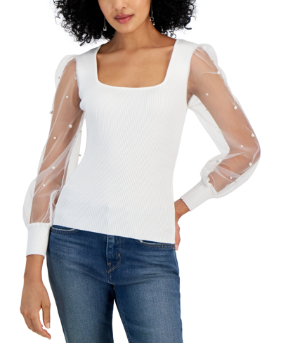 Crave Fame Juniors' Sheer-sleeve Imitation-pearl Square-neck Sweater In Ivory